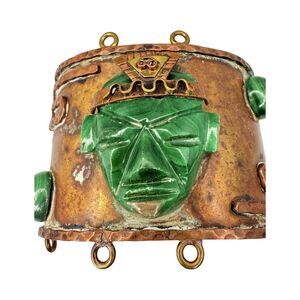 Malachite Bracelet Mexico Mayan Mask 7"  Cuff Copper Warrior